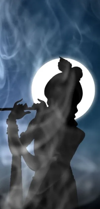 Krishna silhouette playing flute under a bright full moon on a dark blue background.