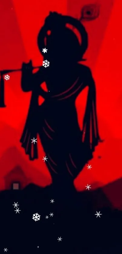 Silhouette of Lord Krishna with red background and snowflakes.