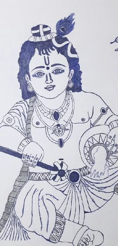 Hand-drawn sketch of baby Krishna with flute.