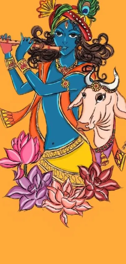 Illustration of Krishna with a flute and lotus, orange background.