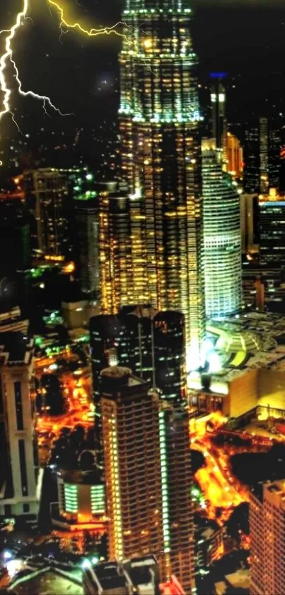 Kuala Lumpur skyline lit up at night with dramatic lightning.