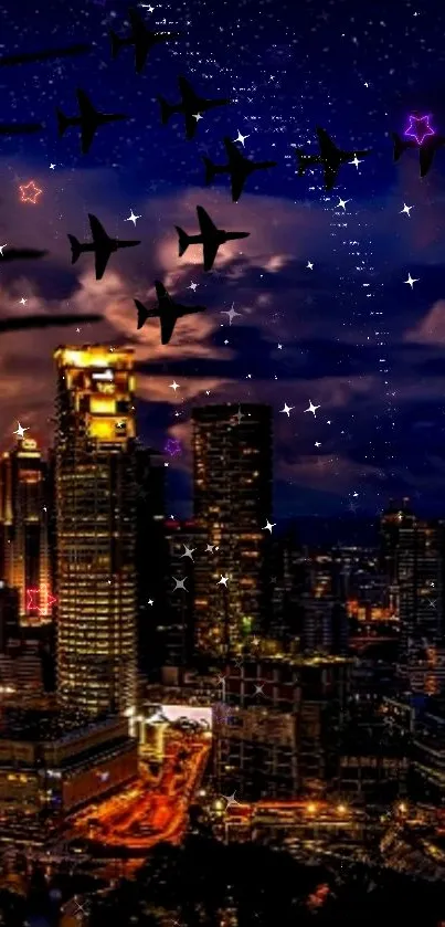 Kuala Lumpur city skyline at night with illuminated skyscrapers.