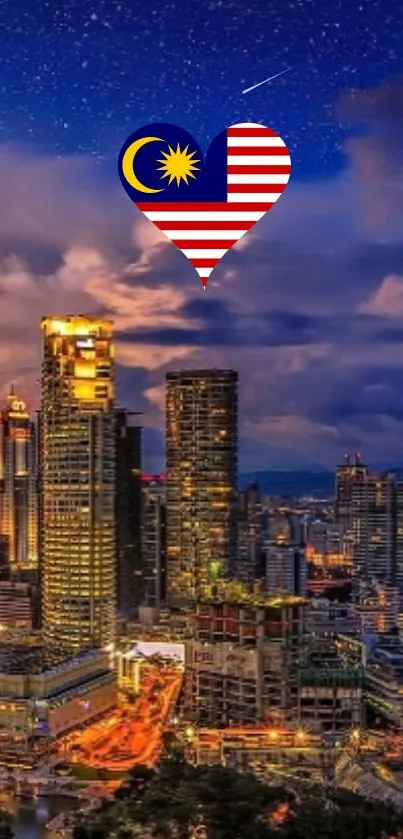 Kuala Lumpur skyline at night with Malaysian flag heart in the sky, vibrant city lights.