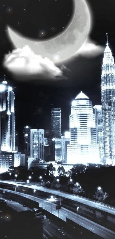 Night view of Kuala Lumpur skyline with illuminated skyscrapers and crescent moon.