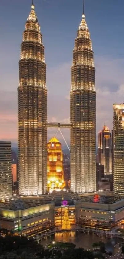 Kuala Lumpur skyline with Petronas Towers at dusk, beautifully lit cityscape.