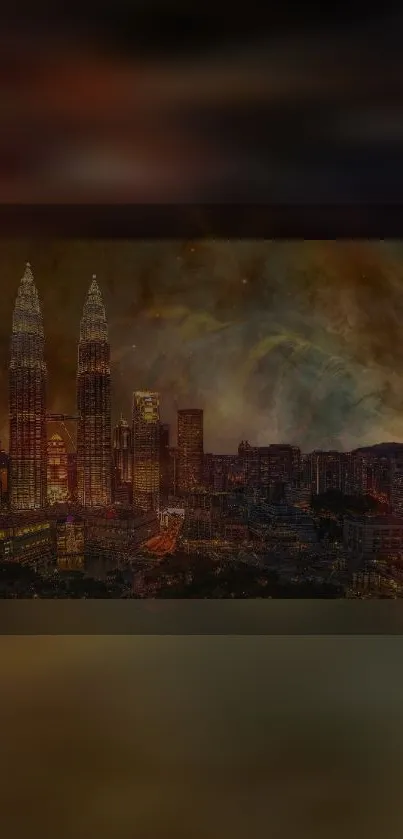 Kuala Lumpur cityscape at night with lights twinkling under a colorful sky.