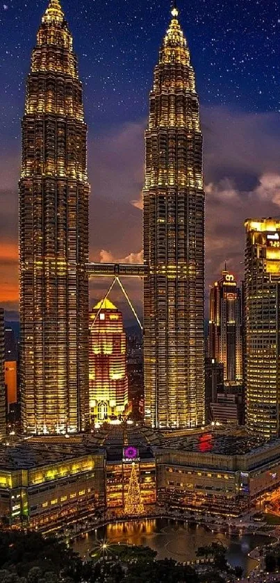 Stunning view of Kuala Lumpur's Petronas Towers at night.