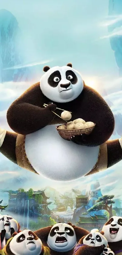 Kung Fu Panda wallpaper with Po in motion, vibrant background.