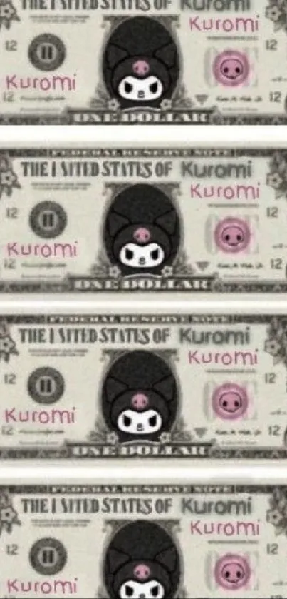 Kuromi styled dollar bill themed wallpaper for mobile.