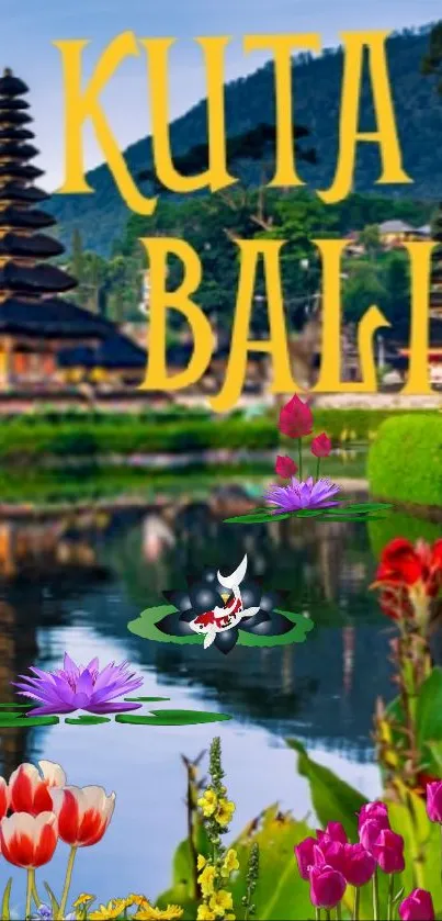 Vibrant Kuta Bali wallpaper with temple and flowers.