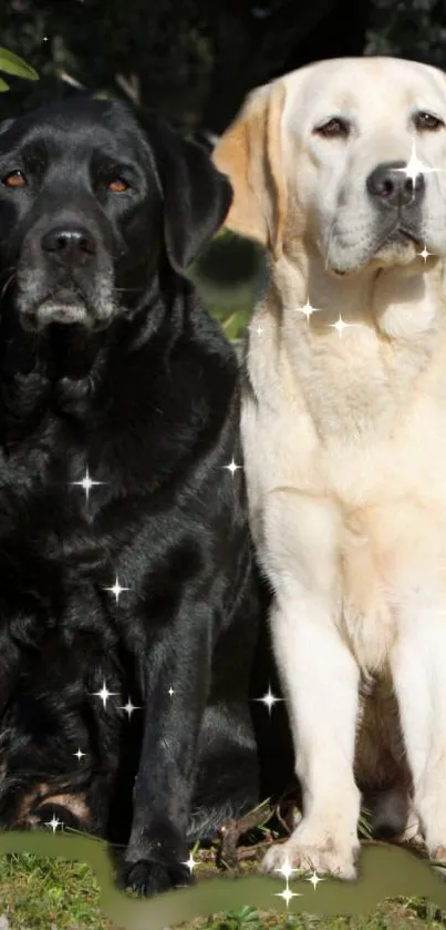 Two Labradors with sparkles in an outdoor setting, one black and one yellow.