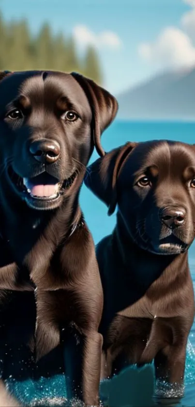 Two Labrador puppies play in a scenic, sunlit lake.