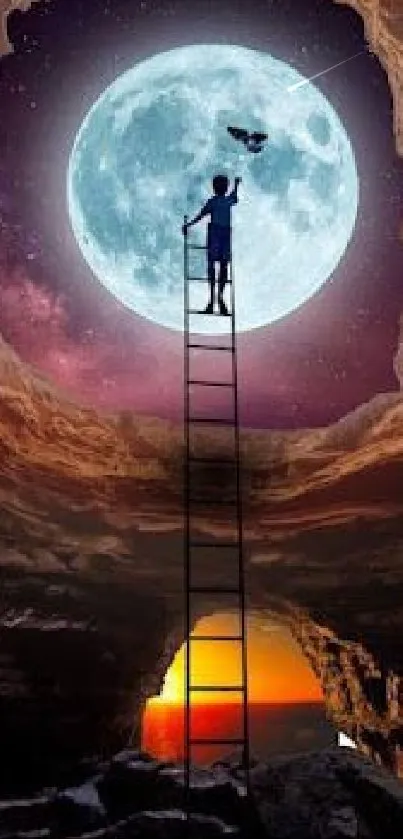 Child climbs ladder to moon in surreal night sky.