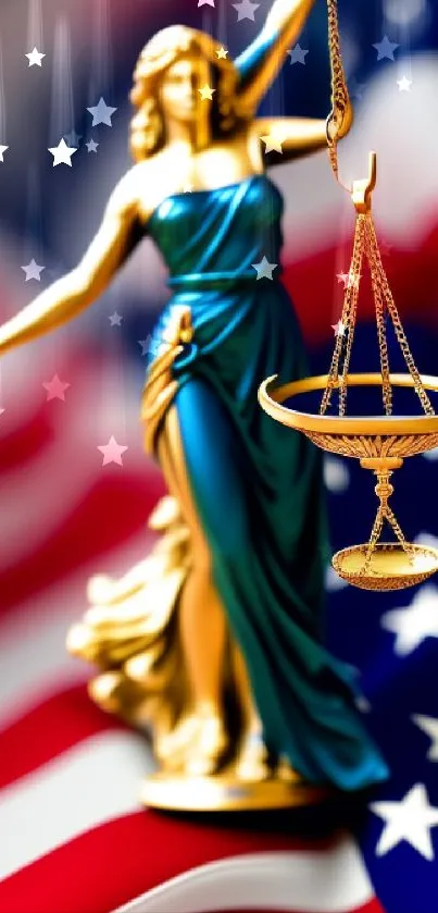 Golden Lady Justice statue with flag background.