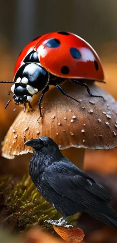 Ladybug and crow on a mushroom in a forest scene.