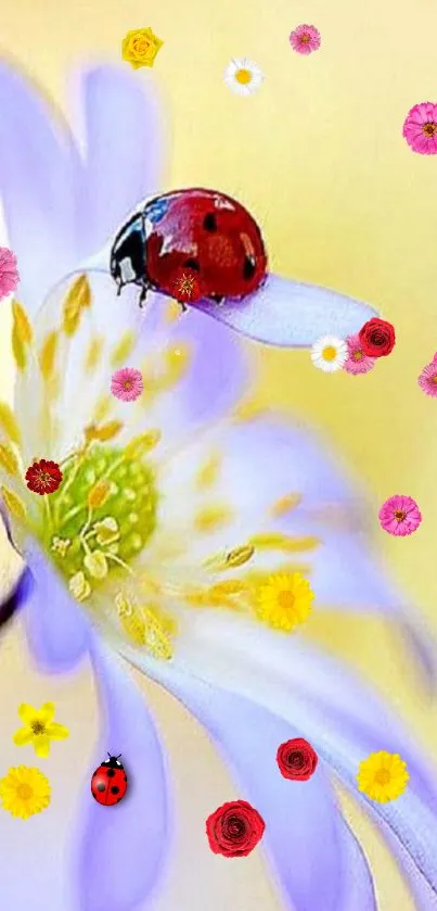 Ladybug on a pastel floral wallpaper with blossoms.