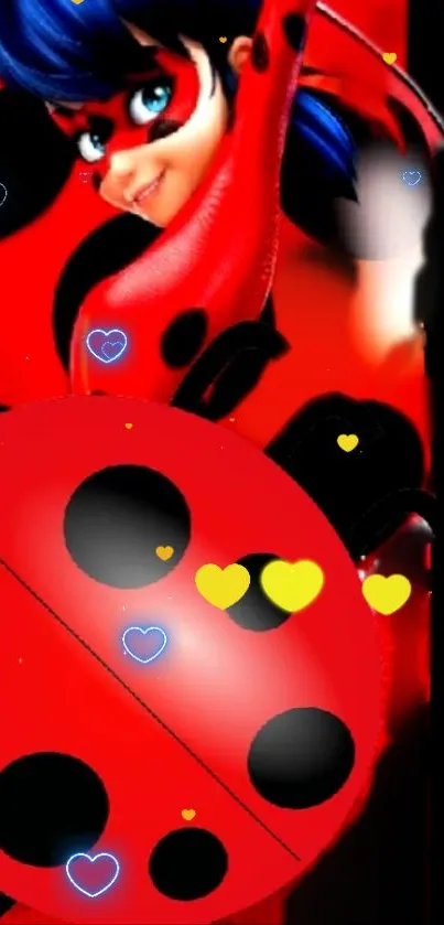 Ladybug fantasy art with a red and black theme, featuring colorful hearts.