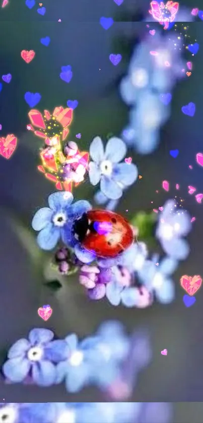 Ladybug on blue flowers with colorful hearts and sparkles in a magical scene.