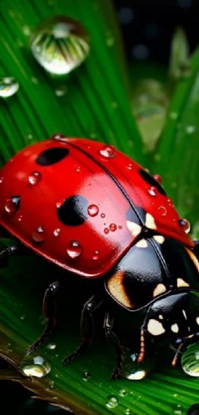 A vibrant red ladybug on a dewy green leaf close-up.