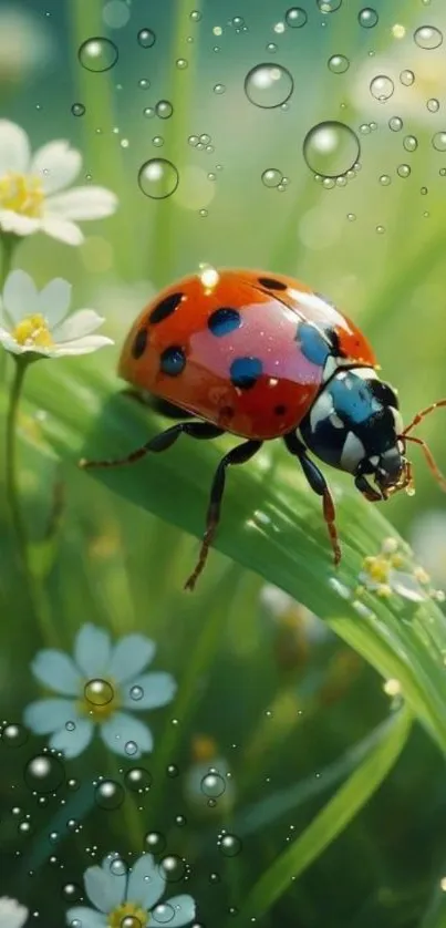 Ladybug on dewy leaves with white flowers in vibrant green background.