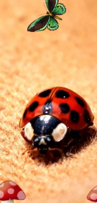 Mobile wallpaper with ladybug on beige background.