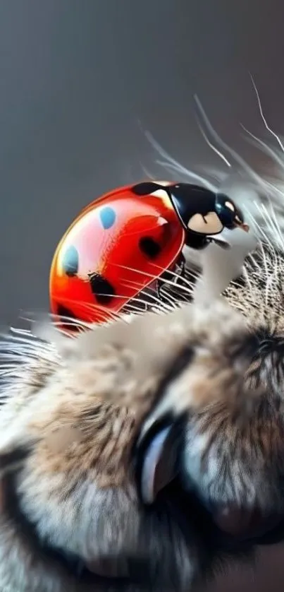 Ladybug perched on a furry paw.