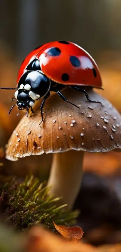 Ladybug perched on a mushroom in autumn forest.