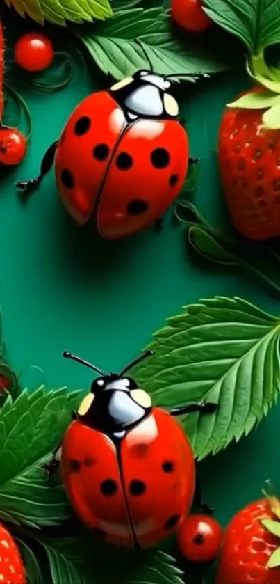 Vibrant ladybugs and strawberries with green leaves wallpaper.