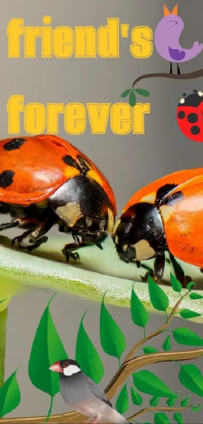 Ladybugs on a leaf with friendship text.