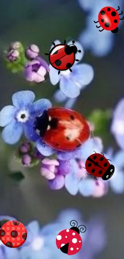 Cartoon ladybugs on vibrant purple flower background.