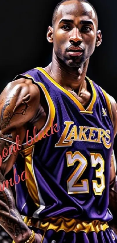 Artistic Lakers basketball player with purple and gold uniform in dynamic pose.