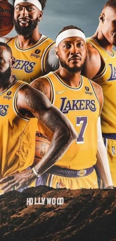 Lakers players in yellow jerseys with Hollywood sign.