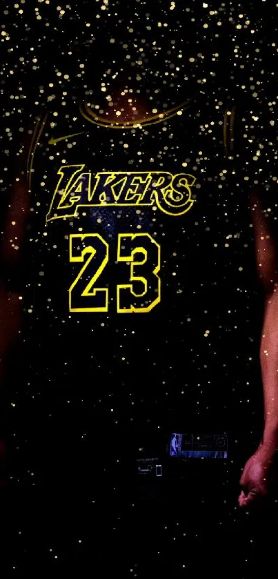 Lakers jersey with number 23 on dark background.