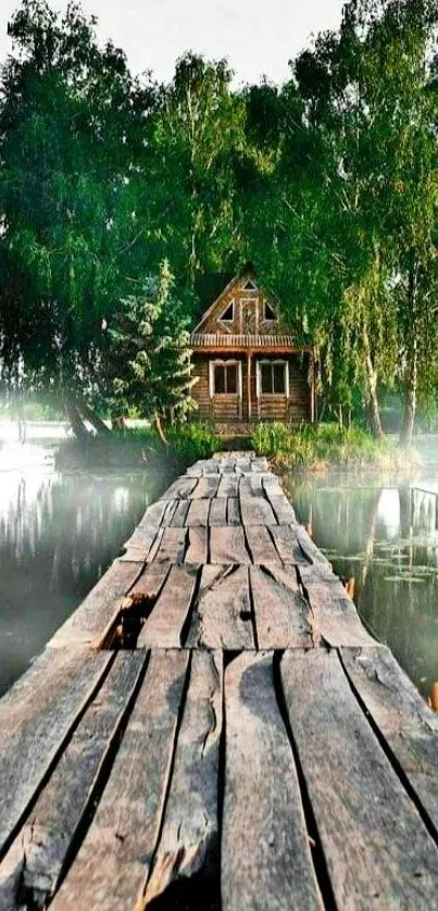 Rustic cabin with misty lake view and wooden path.