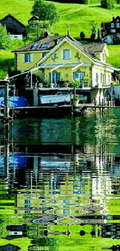 Mobile wallpaper of a lakeside house with green hills and water reflection.