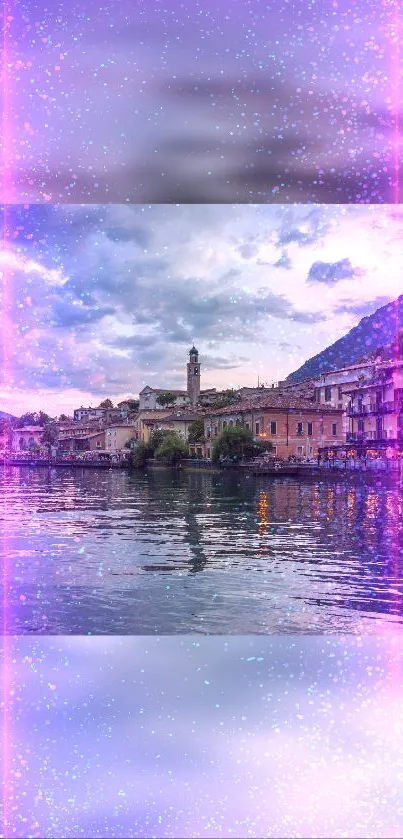 Fantasy lakeside village with purple glow and serene waters.