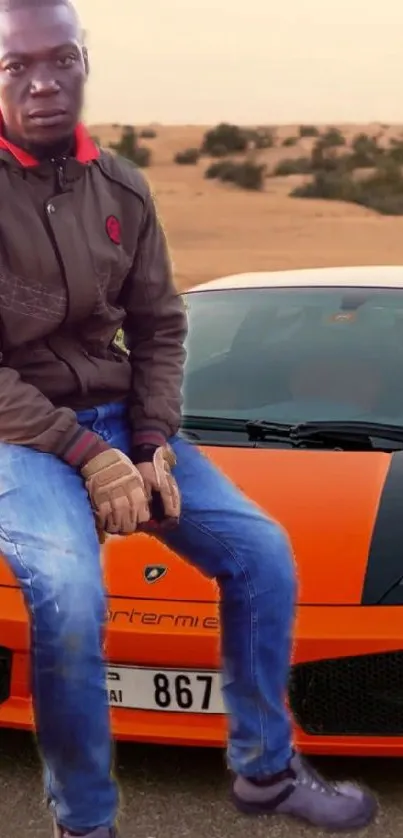 Orange Lamborghini on desert road with clear sky.