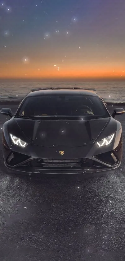 Lamborghini car by ocean at night with starry sky.