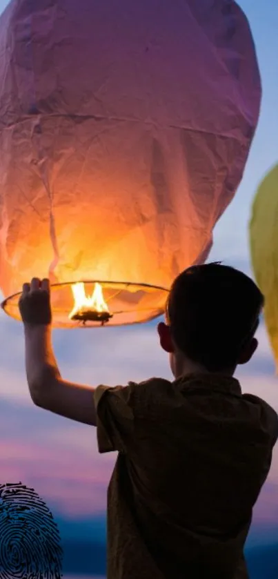 Boy holding lantern under a colorful evening sky.