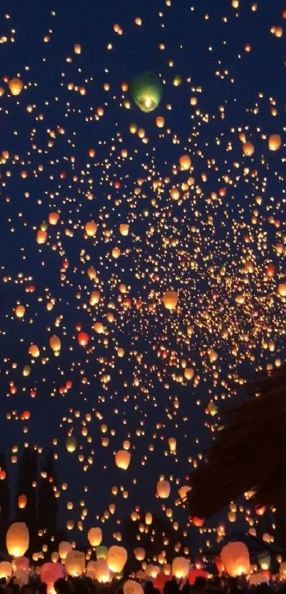 Night sky with glowing lanterns creating a magical festival ambiance.