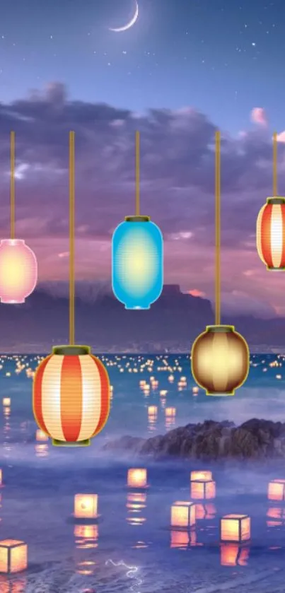 Colorful lanterns over a moonlit ocean creating a serene and peaceful ambiance.