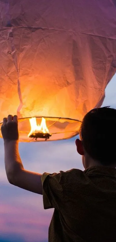 Boy releasing a glowing lantern into the evening sky.