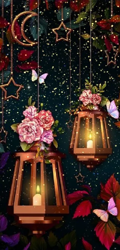 Glowing lanterns with flowers and butterflies against a starry night sky.