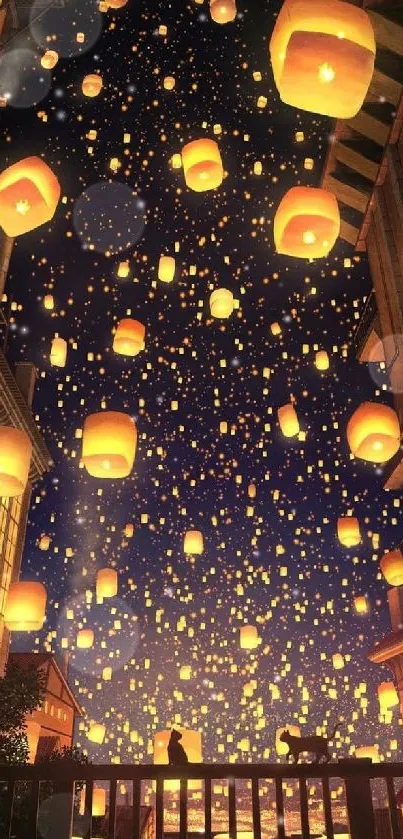 Floating lanterns against a deep blue starry sky.