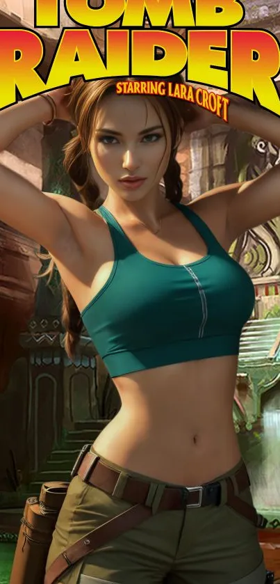 Lara Croft standing confidently in an adventurous setting from Tomb Raider.