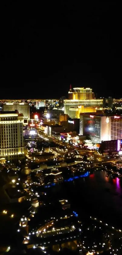 Vibrant Las Vegas night skyline with illuminated buildings and neon lights.