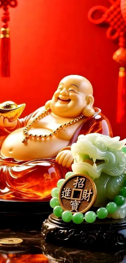 Laughing Buddha and jade dragon with red backdrop.