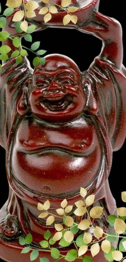 Red Laughing Buddha with leaf accents on black background