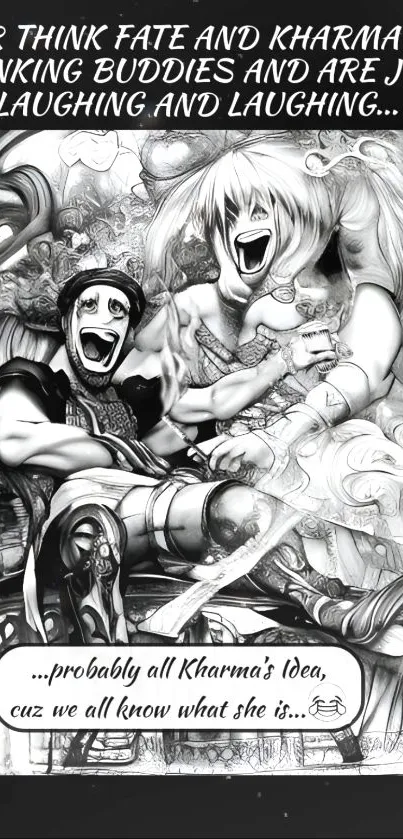 Monochrome image of laughing cartoon characters in an artistic style.