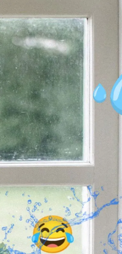 Laughing emoji with water splash and window view wallpaper.